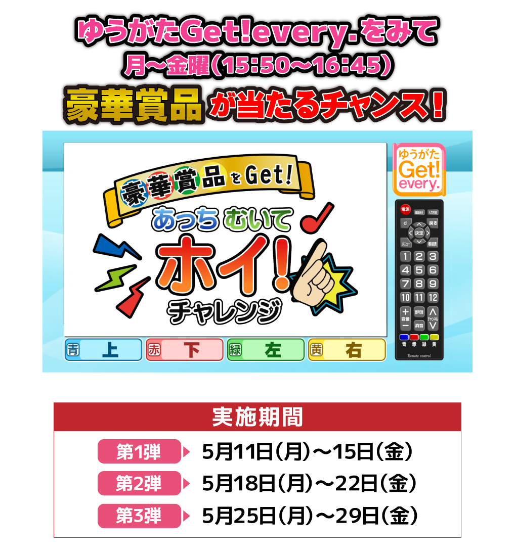ゆうがたGet!every.をみて 月～金曜(15:50～16:45) 豪華賞品が当たるチャンス！「豪華賞品をGet!あっちむいてホイ！チャレンジ」実施期間：第1弾：5月11日(月)～15日(金)　第2弾：5月18日(月)～22日(金)　第3弾：5月25日(月)～29日(金)